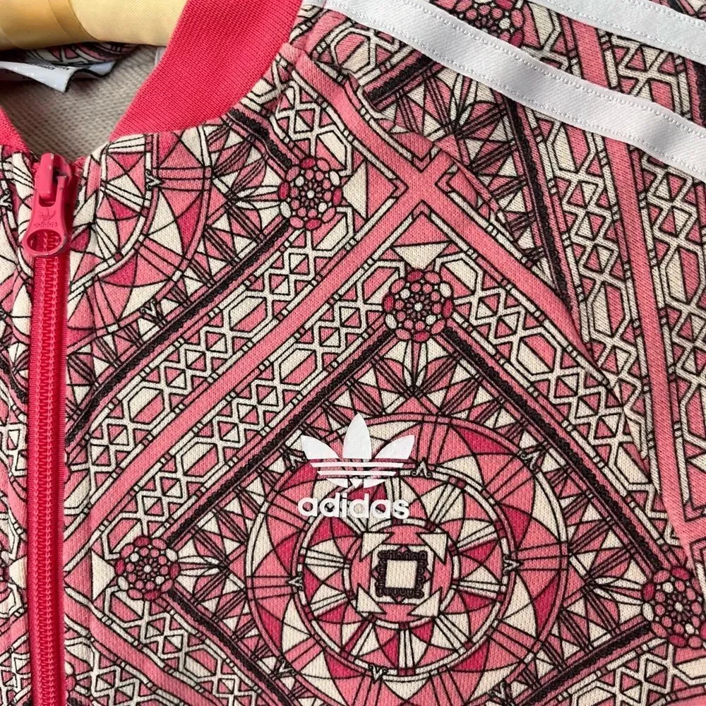 Adidas | pink busy patterned zip up jacket girls